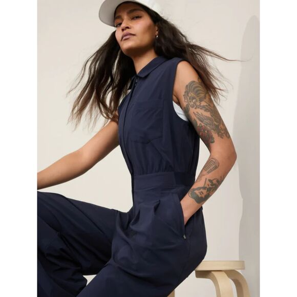 Athleta Brooklyn Heights Wide Leg Jumpsuit Navy Blue Size 10 Romper Sleeveless - Picture 7 of 8